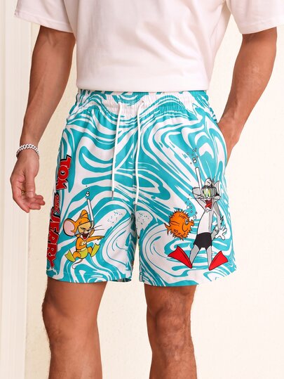 TOM & JERRY X SHEIN 1 pièce Short de plage à cordon de serrage avec motif de dessin animé vert et blanc pour vacances d'été, hawaïen, pour homme