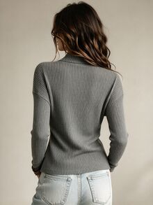 Glimmora Women's Autumn/Winter Stand Collar Cross V-Neck Ribbed Knit Slim Fit Flattering Long Sleeve Base Layer - Grey - View 2
