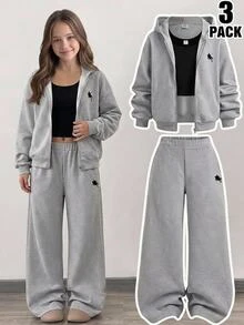 SHEIN Girlism KIDS Tween Girl Grey Graphic Embroidery Zipper Hooded 3Pcs Pullover Fall/Winter Sweatshirt Sweatpants Tracksuit Set Cozy Casual Festival,New Year - Grey - View 5