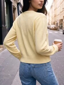 SHEIN BASICS 女款休閒基礎款純色圓領長袖寬鬆短版開襟針織外套 秋季開學季 淡黃色 教師節教師穿搭 - 芥末黃 - 查看 10