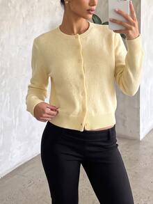 SHEIN BASICS 女款休閒基礎款純色圓領長袖寬鬆短版開襟針織外套 秋季開學季 淡黃色 教師節教師穿搭 - 芥末黃 - 查看 5