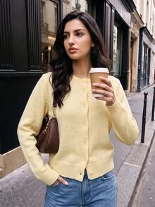 SHEIN BASICS 女款休閒基礎款純色圓領長袖寬鬆短版開襟針織外套 秋季開學季 淡黃色 教師節教師穿搭 - 芥末黃 - 查看 8