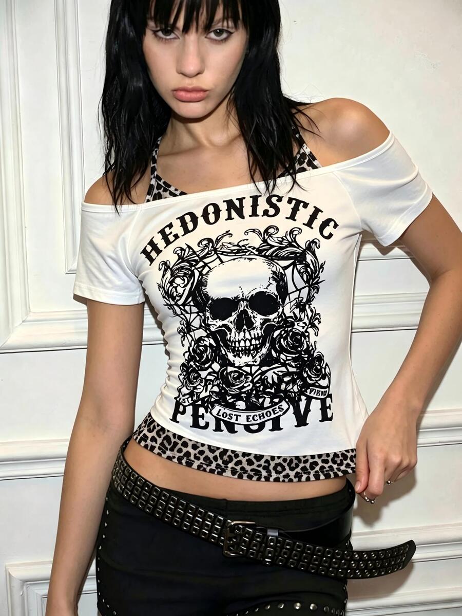 IslaSuriya Women's Gothic Retro Y2K Skull Print 2 In 1 Halter Neck T-Shirt - Multicolor - View 1