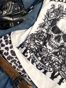 IslaSuriya Women's Gothic Retro Y2K Skull Print 2 In 1 Halter Neck T-Shirt - Multicolor - View 3
