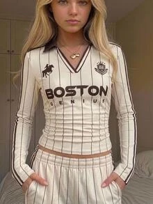 兒童青少年女孩 Glowzi 米色棕色學院風棒球條紋字母圖案撞色領針織修身長袖短版 Polo 上衣 秋冬款 - 彩色 - 查看 7