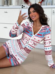 ZzzCrew Christmas Print Slim Fit Round Neck Long Sleeve Women's Pajama Jumpsuit - Multicolor - View 1