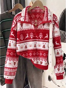SHEIN 青少年女孩紅色聖誕冬季夾克 抓絨內裡 聖誕麋鹿熊印花 半拉鍊運動衫 保暖套裝 - 紅色 - 查看 3