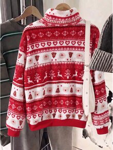 SHEIN 青少年女孩紅色聖誕冬季夾克 抓絨內裡 聖誕麋鹿熊印花 半拉鍊運動衫 保暖套裝 - 紅色 - 查看 2