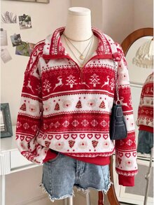 SHEIN 青少年女孩紅色聖誕冬季夾克 抓絨內裡 聖誕麋鹿熊印花 半拉鍊運動衫 保暖套裝 - 紅色 - 查看 8