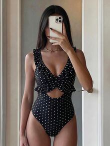 SHEIN Swim Women's Cute White With Black Polka Dots One Piece Swimsuit,Summer Beach V-Neck Ruffled Adjustable Spaghetti Strap Bikini Bathing Suits - Black and White - View 2