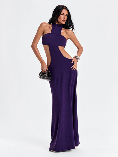 ROMWE Y2K Autumn/Winter Sexy Party Midnight Luxury Cocktail Dinner New Year Outfit Backless Decorative Halter Neck Cut-Out Waist Tight-Fitting Long Dress For Women