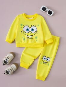 SpongeBob SquarePants | SHEIN 2件組男嬰休閒圖案圓領長袖運動衫與慢跑褲套裝，美式秋季風格多件套 - 彩色 - 查看 4