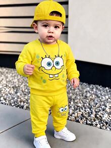 SpongeBob SquarePants | SHEIN 2件組男嬰休閒圖案圓領長袖運動衫與慢跑褲套裝，美式秋季風格多件套 - 彩色 - 查看 8