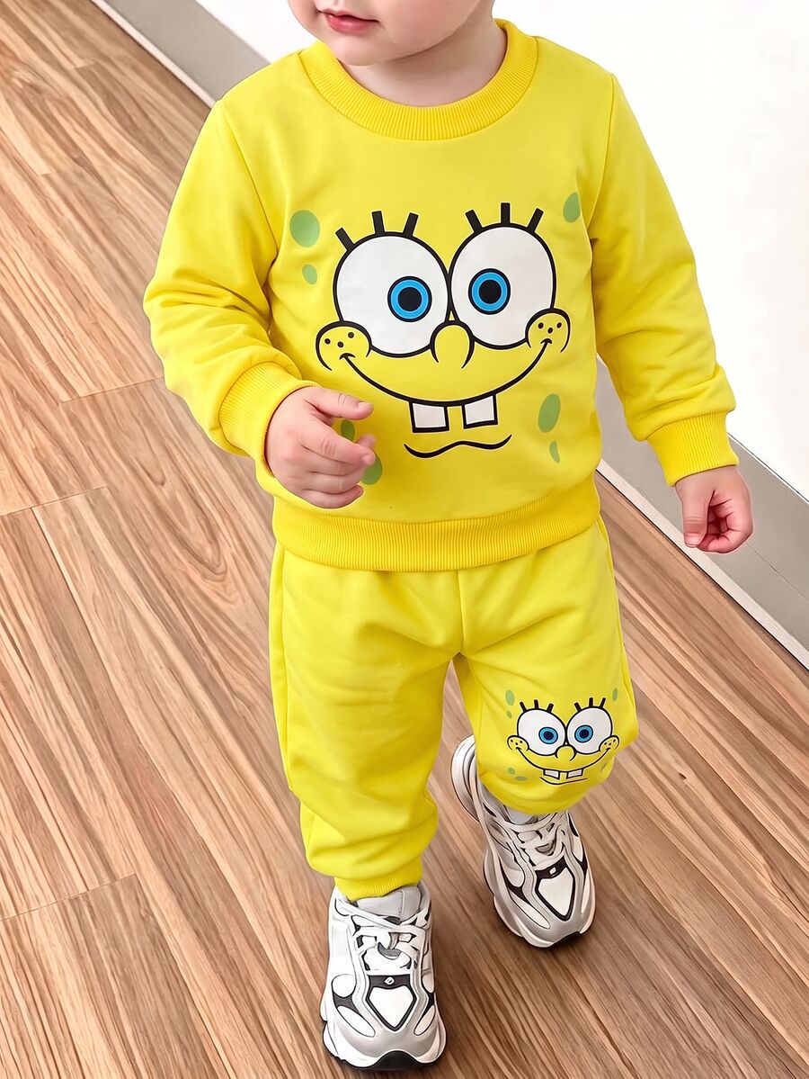 SpongeBob SquarePants | SHEIN 2件組男嬰休閒圖案圓領長袖運動衫與慢跑褲套裝，美式秋季風格多件套 - 彩色 - 查看 1