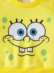 SpongeBob SquarePants | SHEIN 2件組男嬰休閒圖案圓領長袖運動衫與慢跑褲套裝，美式秋季風格多件套 - 彩色 - 查看 3