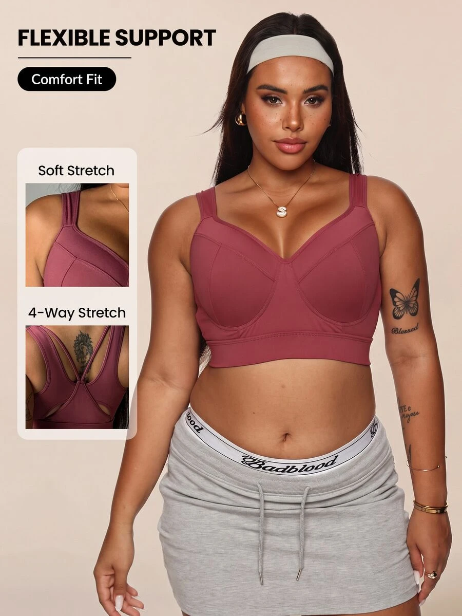 SHEIN Sports 加大码高支撑固定罩杯运动文胸，提升和塑形胸部，透气