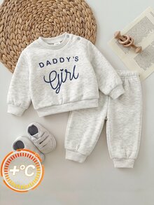 SHEIN Newborn Baby Long Sleeve Letter Print Crew Neck Winter Top And Pants 2 Pieces Set - Grey - View 1