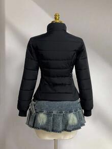 Elamini Women's Casual Fashionable Versatile Pocket Cinched Waist Padded Coat, Suitable For Outings, Commuting, And Gatherings, Autumn/Winter - Black - View 3