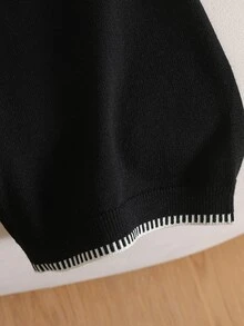 女童毛衣套裝 甜美可愛 秋冬時尚 手作 3D蝴蝶結 黑白拼接 柔軟圓領落肩 2件套 - 黑色 - 查看 7