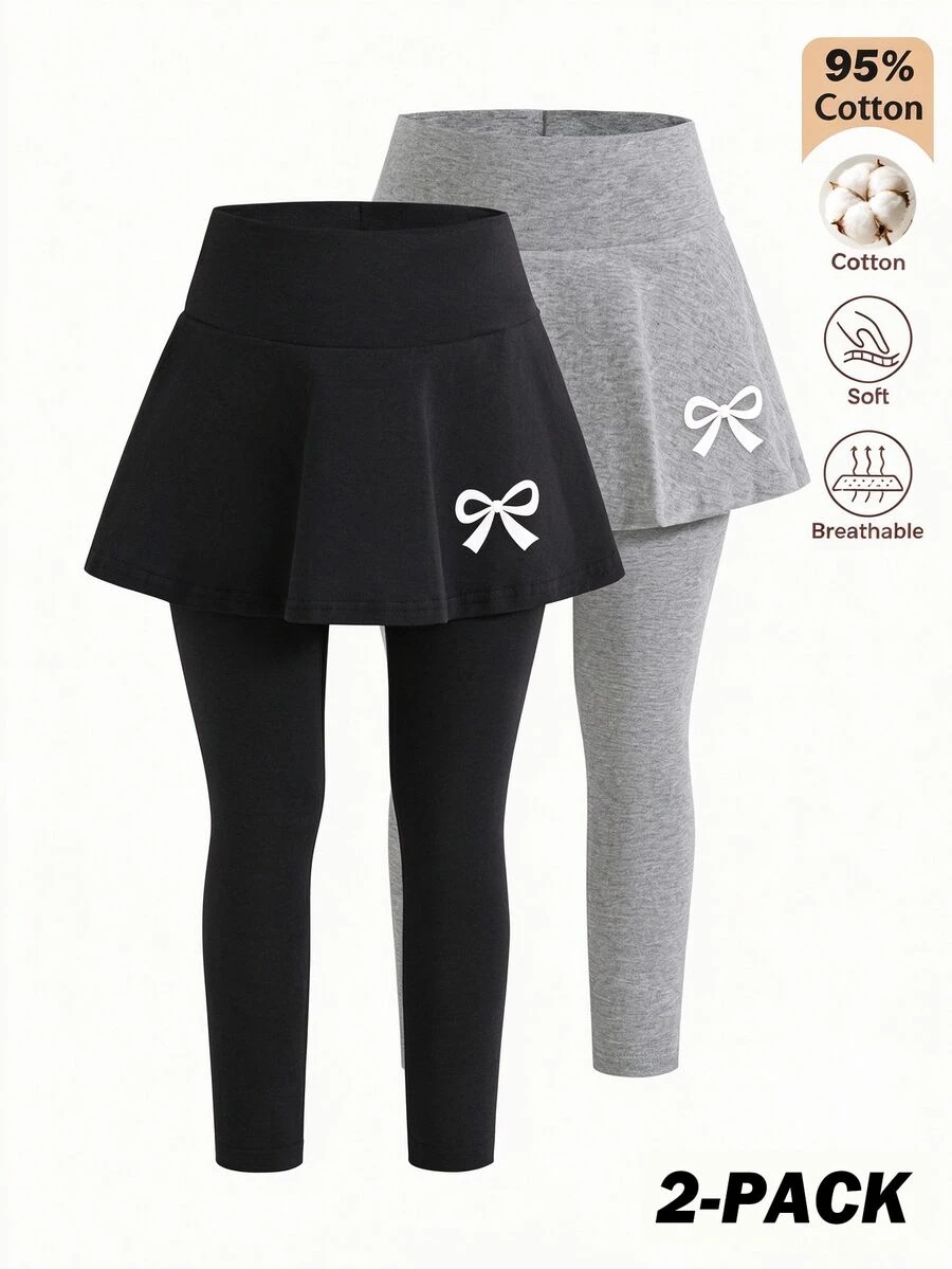 SHEIN 2件裝女童裙褲內搭褲，黑色與麻灰，95%棉質柔軟透氣高腰裙褲，休閒日常校園派對穿搭