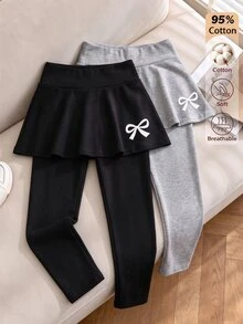 SHEIN 2件裝女童裙褲內搭褲，黑色與麻灰，95%棉質柔軟透氣高腰裙褲，休閒日常校園派對穿搭 - 彩色 - 查看 4
