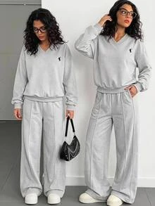SHEIN 青少年女孩印花時尚簡約日常秋冬長袖開衩套裝 - 彩色 - 查看 10