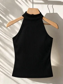 Franclia Women's Casual Everyday Commute Minimalist Solid Color Ribbed Knit Halter Top, Summer - Black - View 3