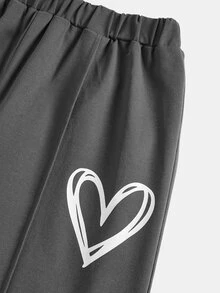 SHEIN Teen Girl Heart Print T-Shirt And Pants Set - Dark Grey - View 3