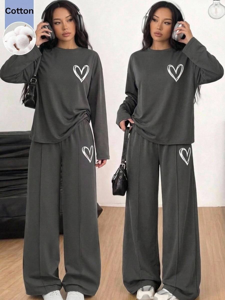 SHEIN Teen Girl Heart Print T-Shirt And Pants Set - Dark Grey - View 1