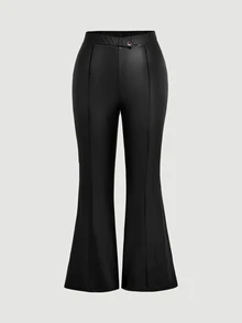 SHEIN MOD Plus Size High Waist Black Pleated Flared Leg Pants Fall - Black - View 2