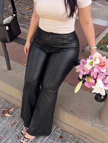 SHEIN MOD Plus Size High Waist Black Pleated Flared Leg Pants Fall - Black - View 7