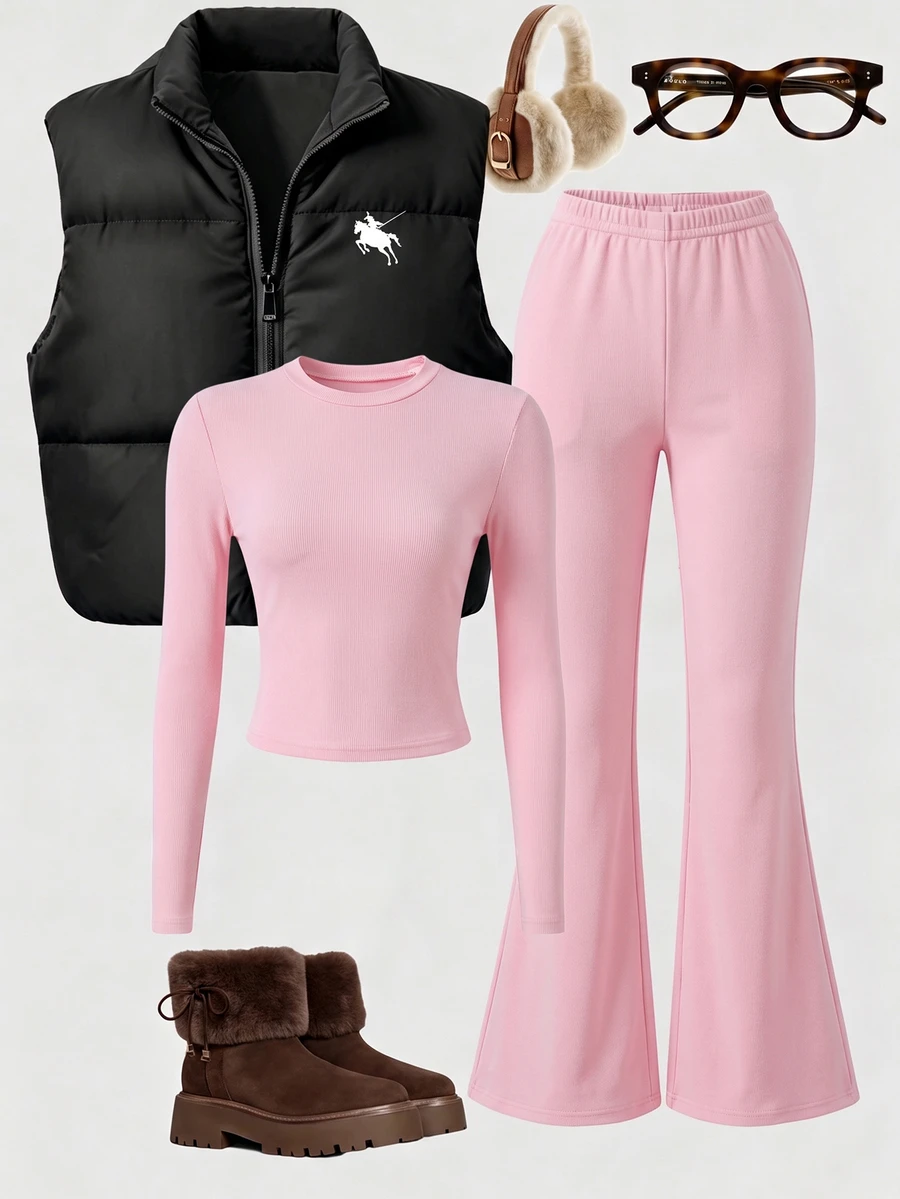 SHEIN Sparklyn 3Pcs/Set Tween Girls Casual Quilted Vest & Long Sleeve Slim Fit T-Shirt & V-Waist Pants Set - Multicolor - View 1