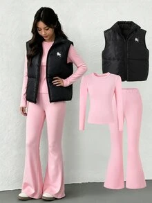 SHEIN Sparklyn 3件組 青少年女孩休閒絎縫背心、長袖修身T恤與V腰長褲套裝 - 彩色 - 查看 6