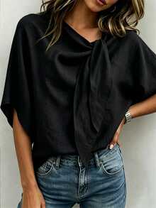 SHEIN Women's Elegant Tie Neck Batwing Sleeve Linen Blouse, Solid Color Loose Fit Commute Daily Shirt - Black - View 3
