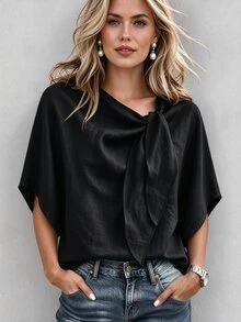 SHEIN Women's Elegant Tie Neck Batwing Sleeve Linen Blouse, Solid Color Loose Fit Commute Daily Shirt - Black - View 1