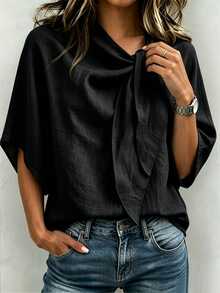 SHEIN Women's Elegant Tie Neck Batwing Sleeve Linen Blouse, Solid Color Loose Fit Commute Daily Shirt - Black - View 4
