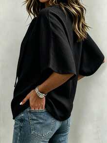 SHEIN Women's Elegant Tie Neck Batwing Sleeve Linen Blouse, Solid Color Loose Fit Commute Daily Shirt - Black - View 2