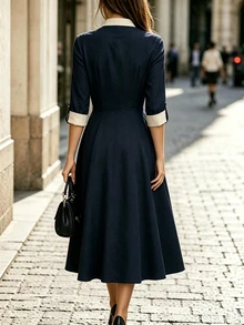 RosyDaze Fall/Winter Dress Festival Outfits Party Going Out Graduation Civil Brunch Elegant Casual Formal Holiday Business Napoleon Fairy Ruffle Dress - Navy Blue - View 2