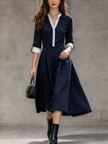 RosyDaze Fall/Winter Dress Festival Outfits Party Going Out Graduation Civil Brunch Elegant Casual Formal Holiday Business Napoleon Fairy Ruffle Dress - Navy Blue - View 3