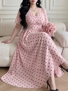 Vibekara Women's New Summer Pink Mesh Polka Dot Dress, Waist Ruffle Design With Ruffle Sleeves, Elegant Style For Travel, Vacation, And Dates - Pink - View 4