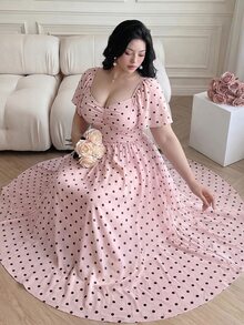 Vibekara Women's New Summer Pink Mesh Polka Dot Dress, Waist Ruffle Design With Ruffle Sleeves, Elegant Style For Travel, Vacation, And Dates - Pink - View 3