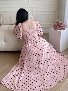 Vibekara Women's New Summer Pink Mesh Polka Dot Dress, Waist Ruffle Design With Ruffle Sleeves, Elegant Style For Travel, Vacation, And Dates - Pink - View 2