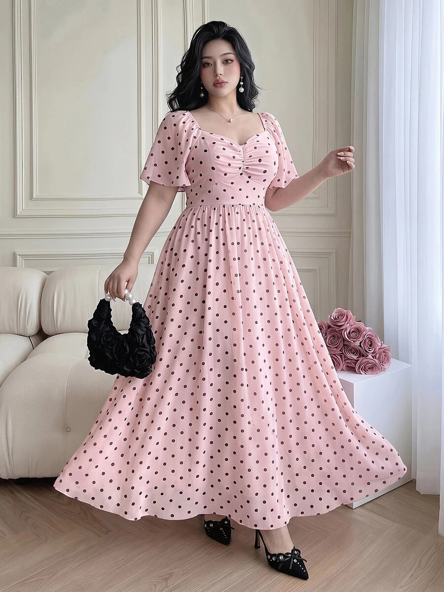 Vibekara Women's New Summer Pink Mesh Polka Dot Dress, Waist Ruffle Design With Ruffle Sleeves, Elegant Style For Travel, Vacation, And Dates - Pink - View 1