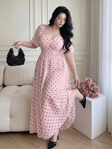 Vibekara Women's New Summer Pink Mesh Polka Dot Dress, Waist Ruffle Design With Ruffle Sleeves, Elegant Style For Travel, Vacation, And Dates - Pink - View 7