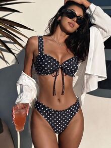 Swim Vcay Sweet Kawaii Cute Girl 2 Pieces Floral Random Print Wide Strap Tie-Front Triangle Bikini Swimwear Set For Women Beach Black And White Polka Dot Summer - Black and White - View 5