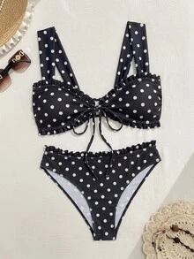 Swim Vcay Sweet Kawaii Cute Girl 2 Pieces Floral Random Print Wide Strap Tie-Front Triangle Bikini Swimwear Set For Women Beach Black And White Polka Dot Summer - Black and White - View 4