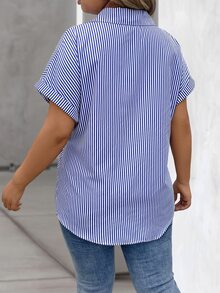 Vionelle Plus Size Women's Blue And White Striped Print Button-Up Casual Business Casual Short Sleeve Shirt, For Summer Office Vacation - Blue and White - View 2