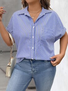 Vionelle Plus Size Women's Blue And White Striped Print Button-Up Casual Business Casual Short Sleeve Shirt, For Summer Office Vacation - Blue and White - View 5