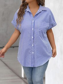 Vionelle Plus Size Women's Blue And White Striped Print Button-Up Casual Business Casual Short Sleeve Shirt, For Summer Office Vacation - Blue and White - View 7