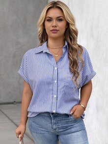 Vionelle Plus Size Women's Blue And White Striped Print Button-Up Casual Business Casual Short Sleeve Shirt, For Summer Office Vacation - Blue and White - View 1